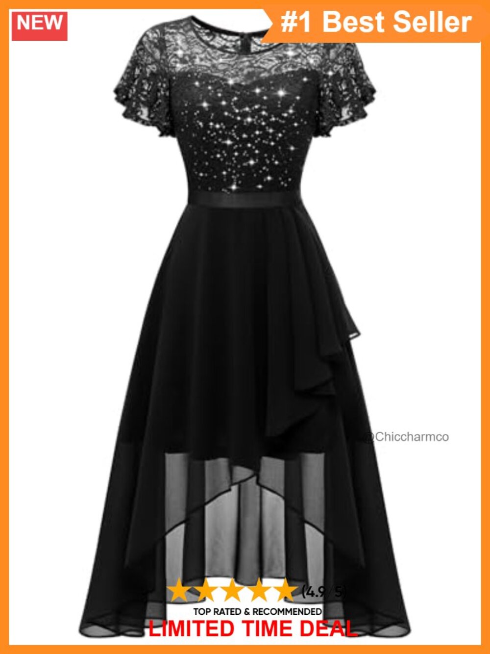 Sequin High Low Semi Formal Bridesmaid Dress Flutter Sleeve